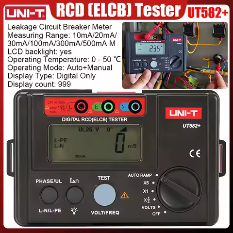 UNI-T UT582+ Digital RCD (ELCB) Tester AUTO RAMP Leakage Circuit Breaker Meter with Mis-Operation Bu