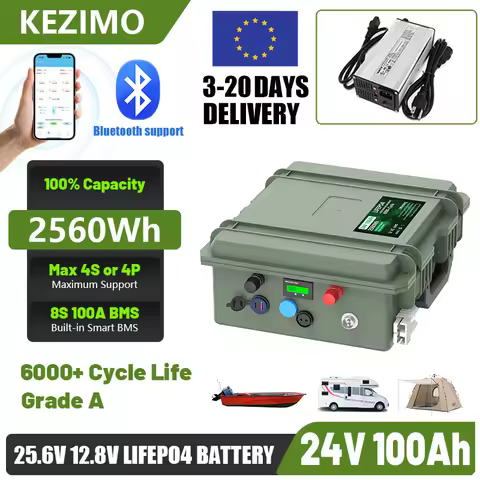 24V 12V 100Ah LiFePO4 Battery 2560Wh 140Ah 200Ah Lithium Battery Grade A Bluetooth BMS 6000+ Cycles 