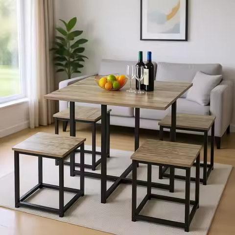 Compact Dining Table Set for 4, Space Saving Design with Nesting Stools, Iron Frame for Kitchen or A