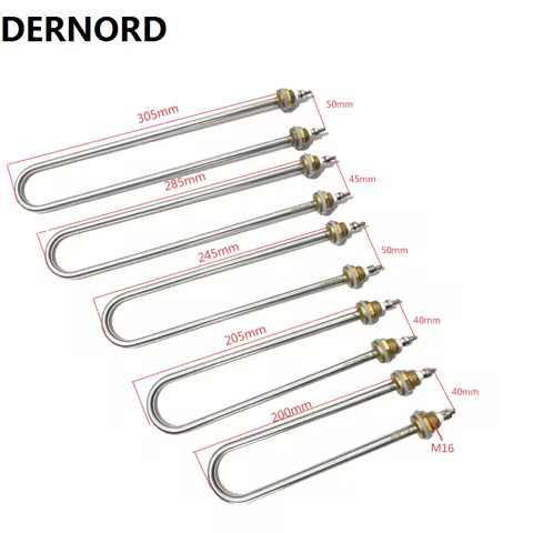 DERNORD 220V U Type Electric Heating Tube M16 Copper Thread Water Heating Element 304 Stainless Stee
