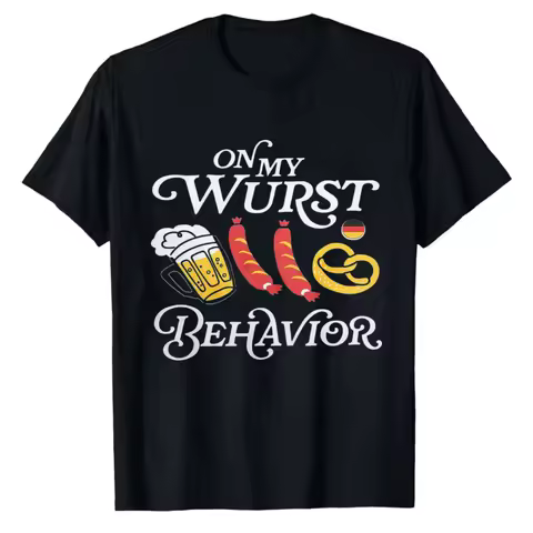 Oktoberfest on My Wurst Behavior Graphic T‑Shirt Men Women Beer Sausage Pretzel German Flag Print Ca
