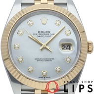 二手勞力士 Datejust 41 男士腕錶，五珠鏈，10 鑽，貝殼紋錶盤，Datejust 41 126333NG，附帶保固卡，18K 黃金/不銹鋼錶殼，白色錶殼，拋光處理，成色極佳