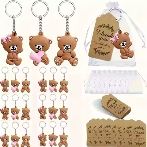 54-Piece Bear Gift Set (18 Cute Bear Keychains + 18 Small Bags + 18 kraft Paper Thank-You Labels), B