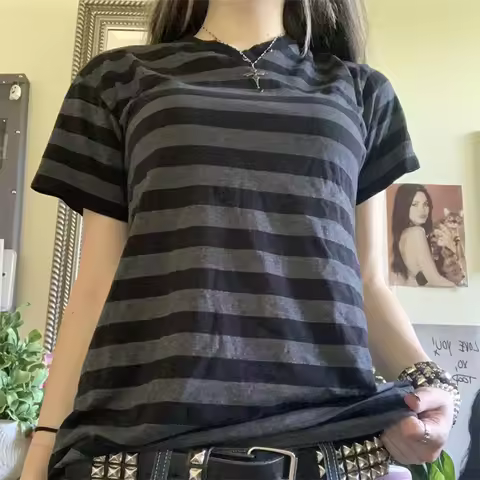 Y2K Aesthetic Fairy Grunge T-shirt 90s Striped Short Sleeve Pullover Tees Aesthetic Grunge Gothic Cl