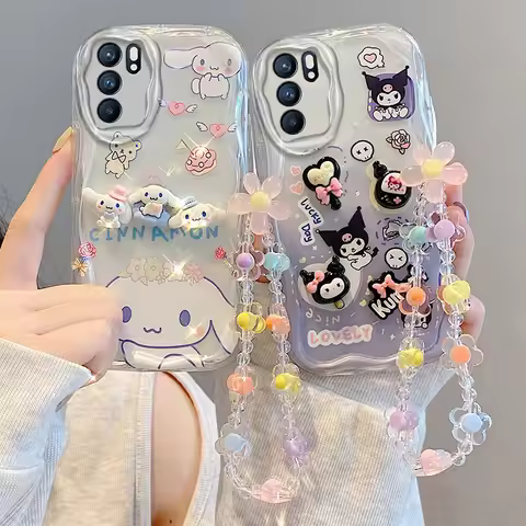 3D Sanrio Cute Cinnamoroll Kuromi Phone Case For iPhone 6 7 8 6s Plus Wrist Strap Transparent Cartoo