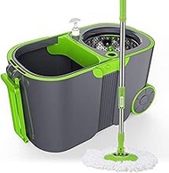 WSJTT Magic Spin Mop and Bucket Sets with Wheels &amp; 1 Microfiber Mop Heads &amp; 1 Floor Brush Head Stainless Steel 360° Spinning Mop
