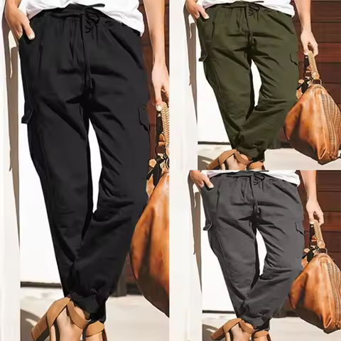 Women Cargo Pants Autumn Spring Elastic Waist Pocket Armygreen Black Gray Long Trousers JYFS-JY0657