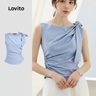 trendy6-Lovito Elegant Plain Asymmetrical Pleated T-Shirt for Women L129ED565