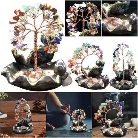 7 Chakra Tree Money Tree Ash Catcher Home Decor Waterfall Burner with Healing Crystal Stone Feng Shu