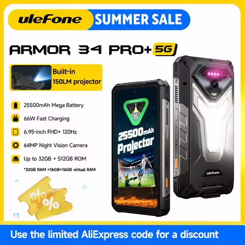 Ulefone Armor 34 Pro+ 5G Rugged Smartphone 16GB+512GB 25500mAh Built-in Projector 64MP Night Vision