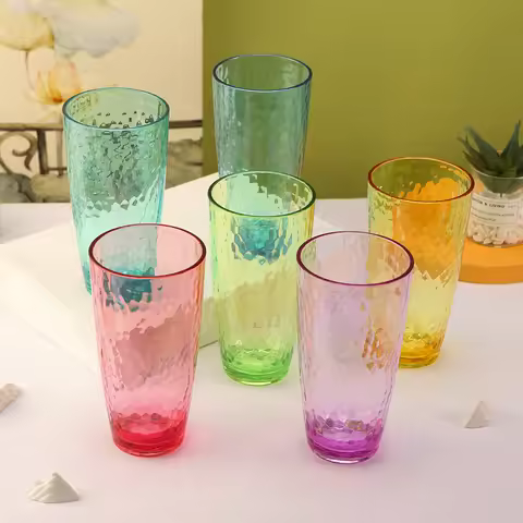 Set of 6 drinking cups, 7 colors, fat-bellied hammered plastic cups, reusable, suitable for smoothie