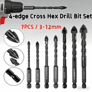 7PCS / 3-12mm 4-edge Cross Hex Drill Bit Set Carbide Tip Drill Bit Set Special Pear Head Drill