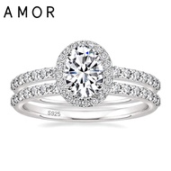 AMOR 1.5CT 925 Sterling Silver Cubic Zirconia Bridal Rings Sets Oval Cut CZ Engagement Rings Wedding