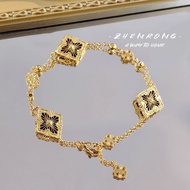 Italian Brushed Craft Retro Palace Style Deep Purple Chalcedony Set Four-leaf Clover Bracelet Pink R