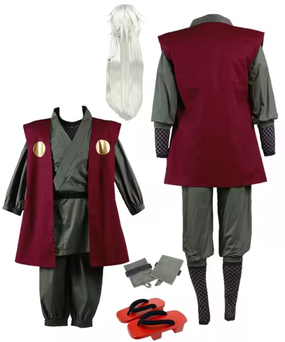 US Size Jiraiya Cosplay Men's Red Vest Green Kimono Outfit Halloween Party Costume