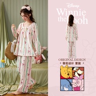 ชุดนอนผู้หญิง Disney Piglet แขนยาว ผ้าฝ้ายโพลีเอสเตอร์ ลายทาง ทรงหลวม ชุดนอนฤดูใบไม้ผลิและฤดูใบไม้ร่