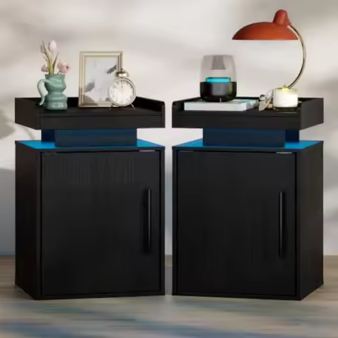 Nightstands Set of 2 with Door, Led Modern Bedside Table