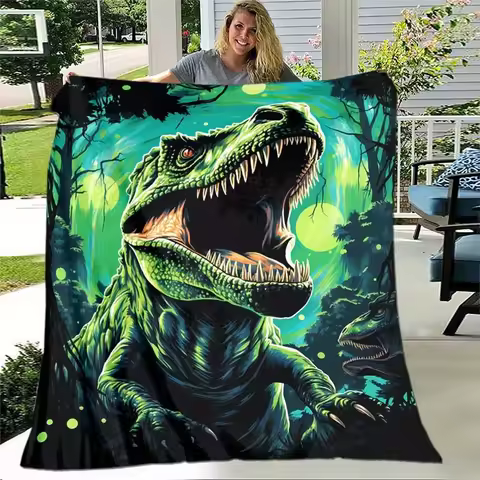 T rex dinosaur jungle scene flannel blanket prehistoric monster design soft blanket for kids and din