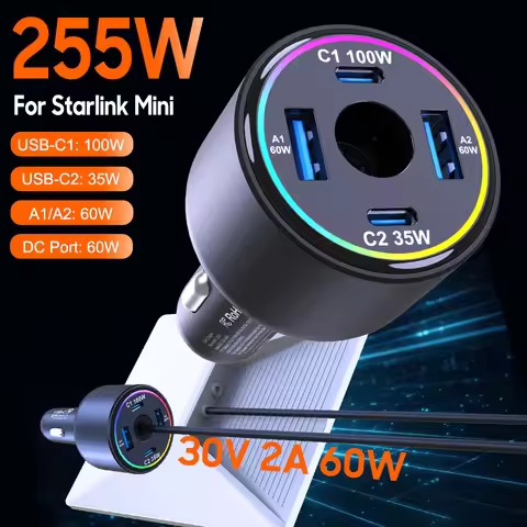 Car Charger for Starlink Mini, 255W 5-Port 60W 30V/2A DC Port & 100W USB C PD Fast Charging for MacB