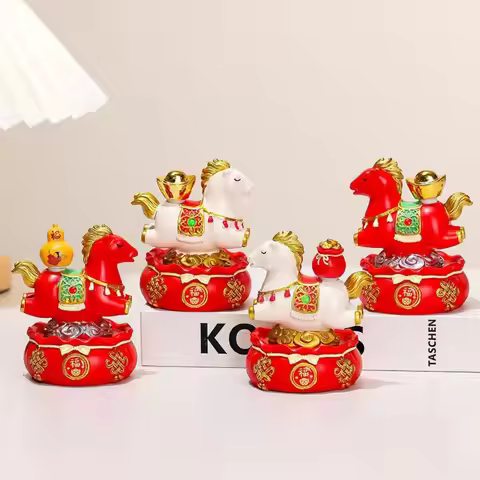 Cute Resin Horse Figurine Chinese Style Desktop Ornament New Year Mascot Miniature Red Good Luck Zod