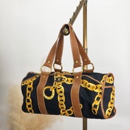 【 日本直送 名牌中古包 】CELINE સેલિન 鏈條圖案 手提包 黑色 黃色 帆布 皮革 波士頓 vintage ui7frx