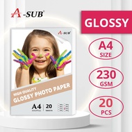 【Glossy 230gsm】A-SUB A4 Glossy paper Photo Paper 230gsm Inkjet paper A4*20pcs kertas gambar photo