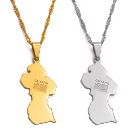 Anniyo Guyana Map Flag Pendant Necklace Women Girls Gold Color Guayana Jewelry Republic of Guyana #0