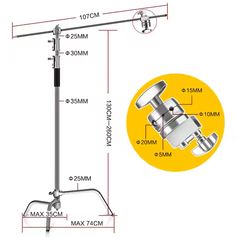 Photography 260cm Tripod C-Stand Stand Stainless Steel with Boom Arm Grip Head Upgraded Max Height A