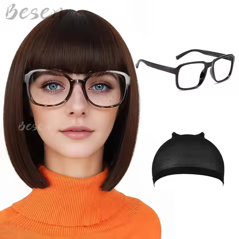 Synthetic Velma Wigs with Glasses for Women Brown Bob Wig with Bangs Women's Costume Cosplay Wigs fo