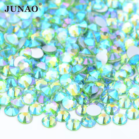 JUNAO SS 6 8 10 16 20 30 Shiny Peridot AB Glass Crystal Rhinestones Nails Crystal Stones Flatback St