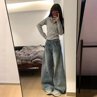 [Lu77 Studio] Wide-Leg Jeans Korean Version Slimmer Look Stretch Loose High Waist S