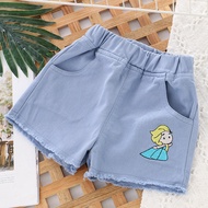LJMOFA Girls 3-10Yrs Pure Cotton Shorts Summer New Cartoon Jeans Princess Embroidery Outwear Thin Br
