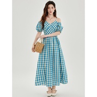 [Senshu] Fashion 26 April 30th French Retro Strapless Sling Dress Female Blue Plaid High Waist Long 