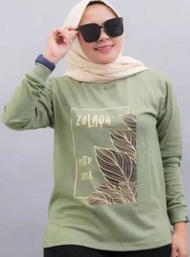 Kaos wanita lengan panjang Zolaqu oryginal dengan garis abu-abu dan huruf Z cocok untuk aktivitas se