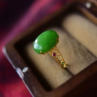Natural Hetian Jasper Ring Ice Bottom Jasper Plump Thick Egg Face Ancient Method Gold Inlaid Red Gem
