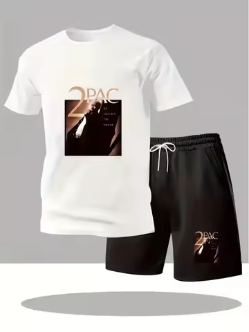 Men's 2PAC Printed Short Sleeve T-Shirt and Shorts Set Summer Casual Streetwear Two-Piece Outfit