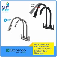 SORENTO Wall Mounted Double Spout Sink Tap Flexible Head + S/Steel Spout Kitchen Tap Black SRTKT1870