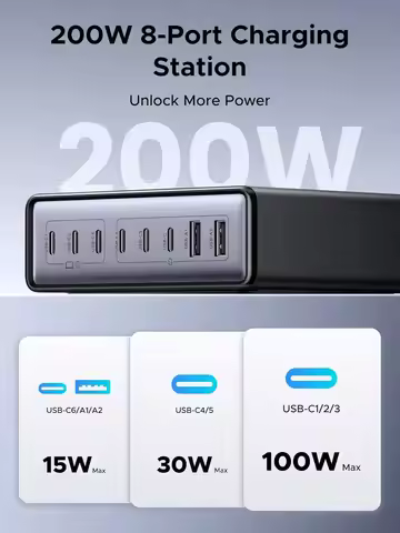 MAF UGREEN 200W 8 Port GaN USB C Charger Block Desktop Charging Station USB C Fast Charging Phone Ch