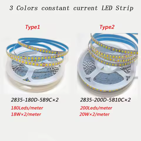 5meters 2835-7mm-180D And 200D 3Colors Constant Current LED Strip with 3000K+6500K LED Ribbon 5B9C×2