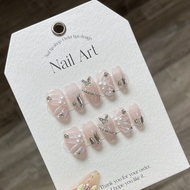 [HANDMADE]Artificial Nail Shiny Starry Three-Dimensional Butterfly Hand-Painted Ribbon Light Pink Nude Diamond Gem Phototpy Nails Reusable and Removable Nails