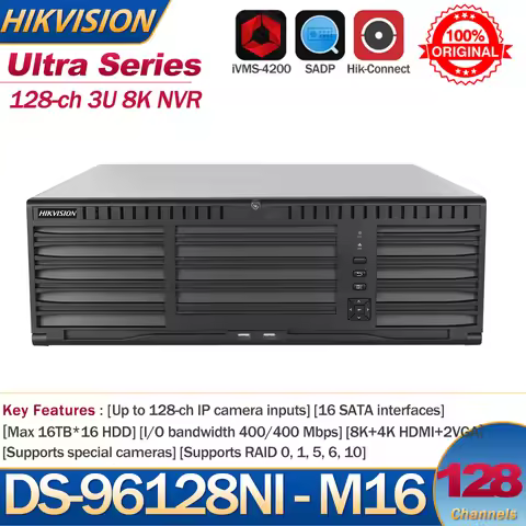 Hikvision Original NVR 128-ch 3U 8K NVR DS-96128NI-M16 128ch Cameras 16 SATA Network Video Recorder 