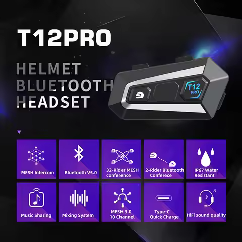PHXIN T12PRO MESH Motorcycle Bluetooth Intercom 32 Riders 1km Helmet Communication System Support Au
