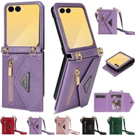 For Samsung Galaxy Z Flip 7 6 5 4 3 Zip Leather Wallet Card Case Crossbody Strap
