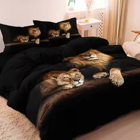 Soft Comforter Quilt Cover - 3D Lions Print Bedding Sets - 3pcs Lions Printed Duvet Cover Set for Be