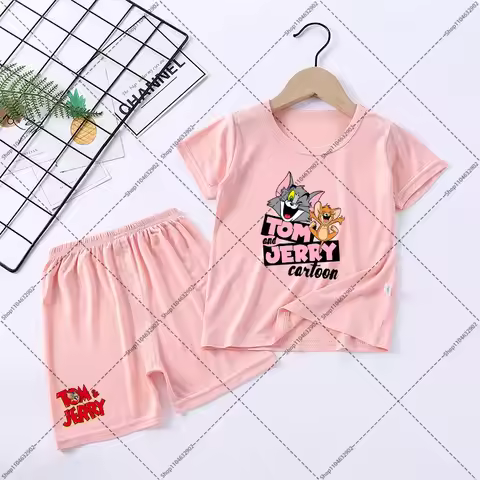 Tom and Jerry 2PCS Pajamas T-shirts and Shorts Set Cute Cartoon Anime Pattern Loungewear Summer Clot