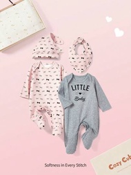 Cozy Cub 新生嬰兒女寶禮盒套裝,長袖重疊式肩蓋連腳爬服、帽子和圍兜
