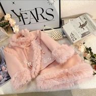 Ready Stock 90-150 Korean Version Girls Winter Year Suit Suit 2026 New Style Chinese Style Fleece Li