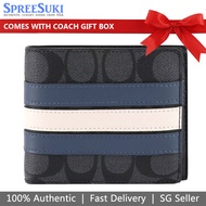 Coach Men Men Wallet In Gift Box 3-In-1 Wallet In Signature Canvas With Varsity Stripe Charcoal Black Denim Blue Chalk Off White # 3008