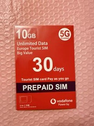 【包郵】 全新 Vodafone Europe Tourist SIM Card 10GB 歐洲 數據上網卡  10GB 5G Unlimited Data Roaming  Europe Trave