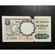 Malaya British Borneo Banknote 1 Dollar Year 1959 Prefix B63 - Tear and Chip Condition